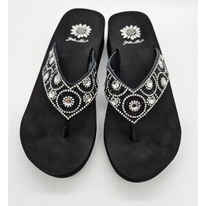 Yellow Box Power Black Rhinestone Wedge Flip Flops Platform Sandals Womens 6.5